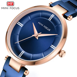 MINI FOCUS 2019 Fashion Elegant Ladies Watch Blue Stainless Steel Strap Rose Golden Bezel Top Brand Luxury Dress Women Watches