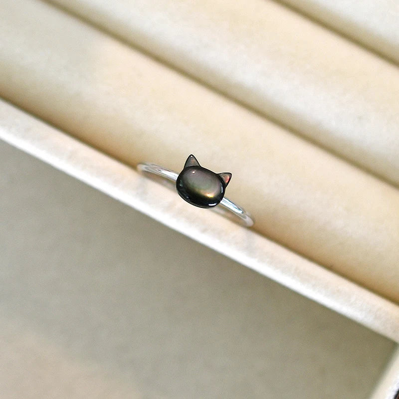 Natural Shell Black Cat Silver Ring.