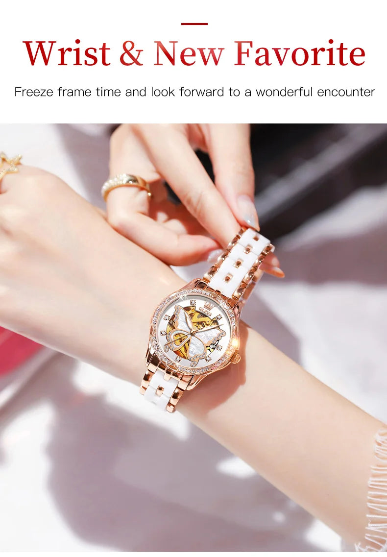 OLEVS 6622 Diamond Luxury Woman Automatic Watch Butterfly Original Mechanical Watch For Women Waterproof Luminous Hand Clock