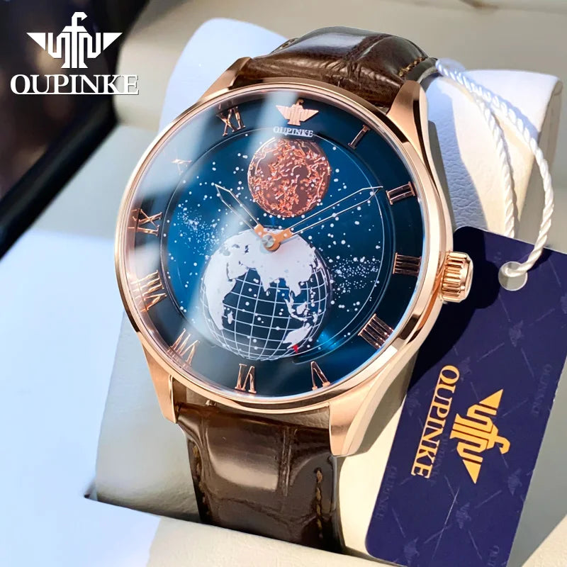 OUPINKE 3230 Men Watch Luxury 3D Earth Starry Sky Moon Phase Rotating Dial Business Waterproof Men Automatic Mechanical Watch