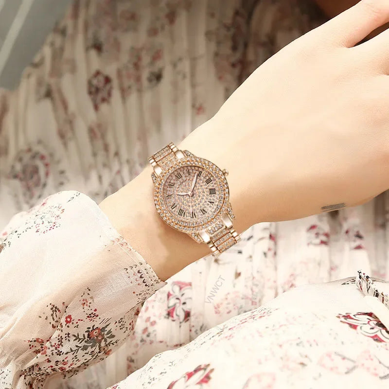 Hot Fashion Women Luxury Diamond Watches Bracelet Ladies Quartz Watch Rose Gold Womens Wristwatch Shiny Crystal Reloj Mujer