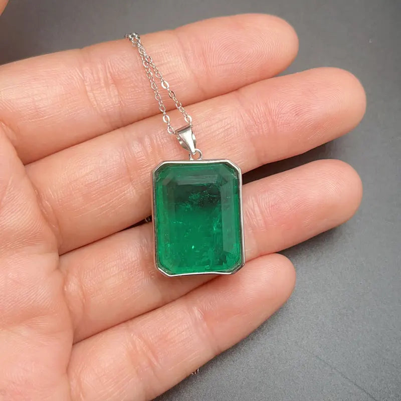 Gold Plated 925 Silver Rectangle Gemstone Pendant 15mm*20mm Emerald Color Man Made Crystal Pendant with 925 Silver Necklace