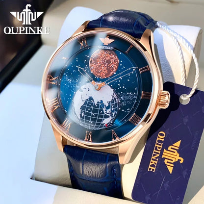 OUPINKE 3230 Men Watch Luxury 3D Earth Starry Sky Moon Phase Rotating Dial Business Waterproof Men Automatic Mechanical Watch