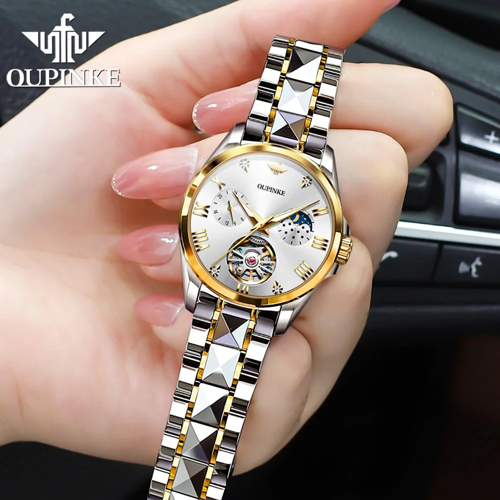 OUPINKE 3202 Skeleton Flywheel Mechanical Wrist Watch for Women