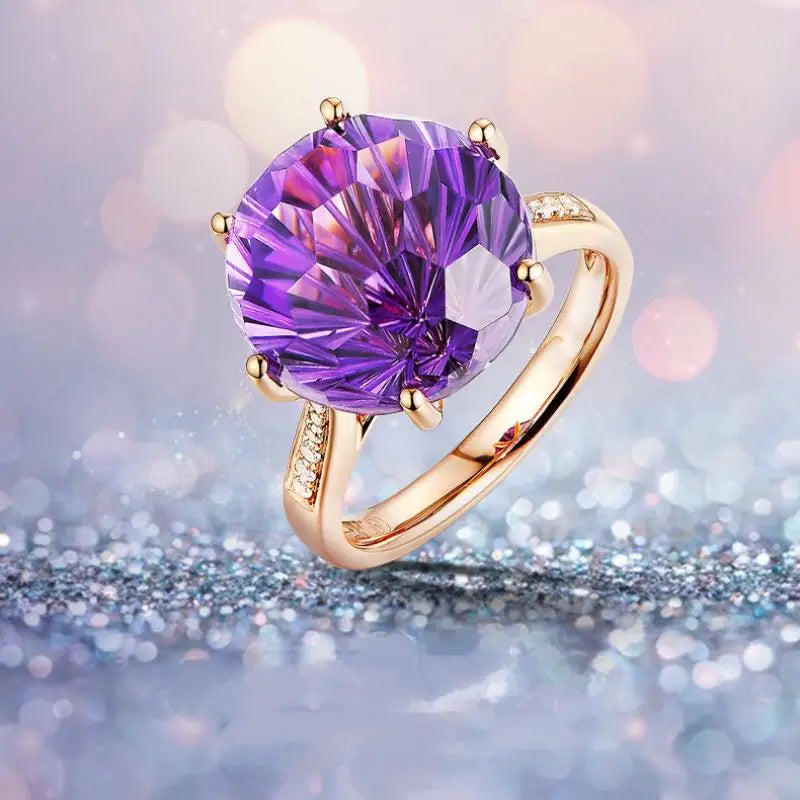 HOYON 18K Rose Gold Colorful Brazilian Natural amethyst Ring Six claw Temperament Colorful Gem Diamond Style Ring Opening Ring