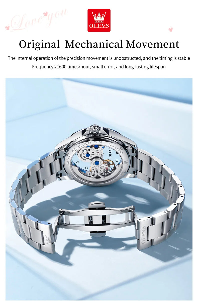 OLEVS 6699 Luxury Original Mechanical Watch For Women Hollow Skeleton Top Brand Wristwatch Waterproof Fashion Woman Watches 2024