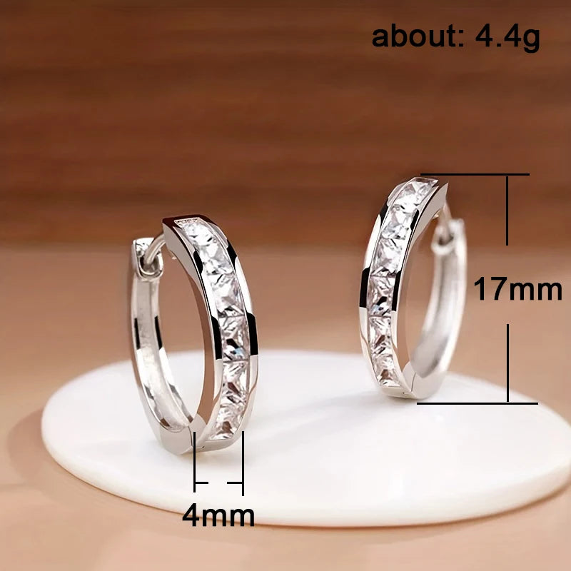 Huitan Hoop Earrings with Princess Cubic Zirconia Exquisite Ear Circle Earrings for Women Silver Color Fashion Versatile Jewelry