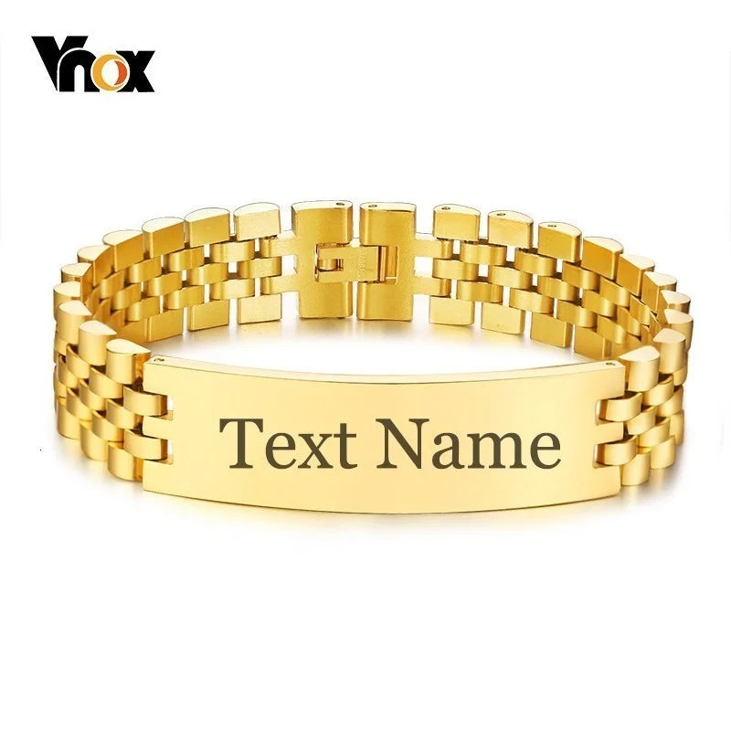 Vnox Mens 15mm Wide ID Tag Bracelets with Free Personalized Engrave Name Love Info 3 Color Watch Band Wrap Link Chain pulseira