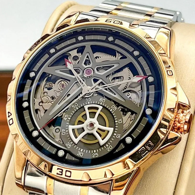 For Mens Watch Pentagram Skeleton Automatic Hollow Mechanical Wristwatches Male Sport Luminous 2023 Relogio Masculino