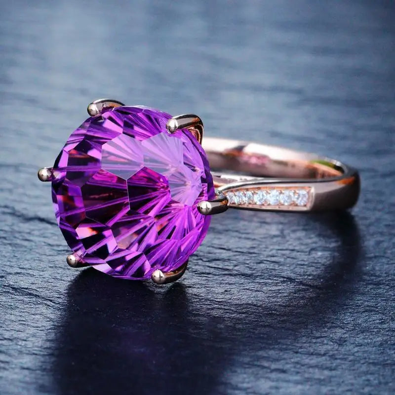 HOYON 18K Rose Gold Colorful Brazilian Natural amethyst Ring Six claw Temperament Colorful Gem Diamond Style Ring Opening Ring