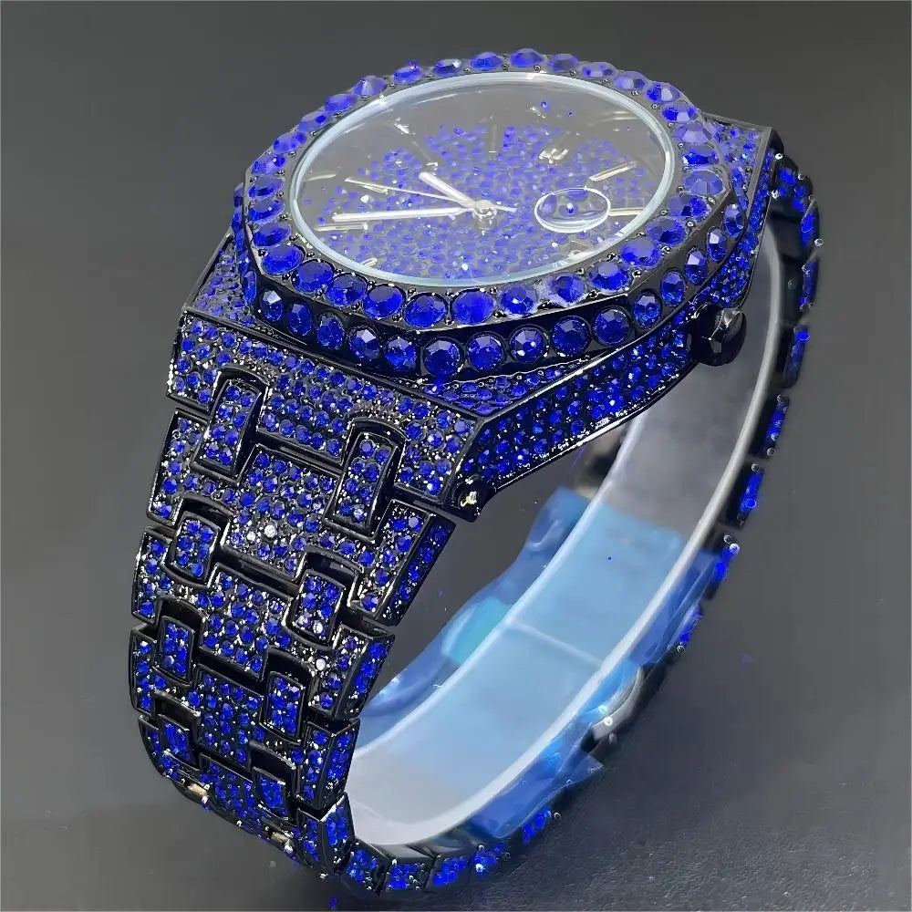 2024 Hip Hop Mens Quartz Watches MISSFOX Automatic Date Iced Wristwatch Fashion Blue Diamond Jewelry Watch For Man Free Shipping