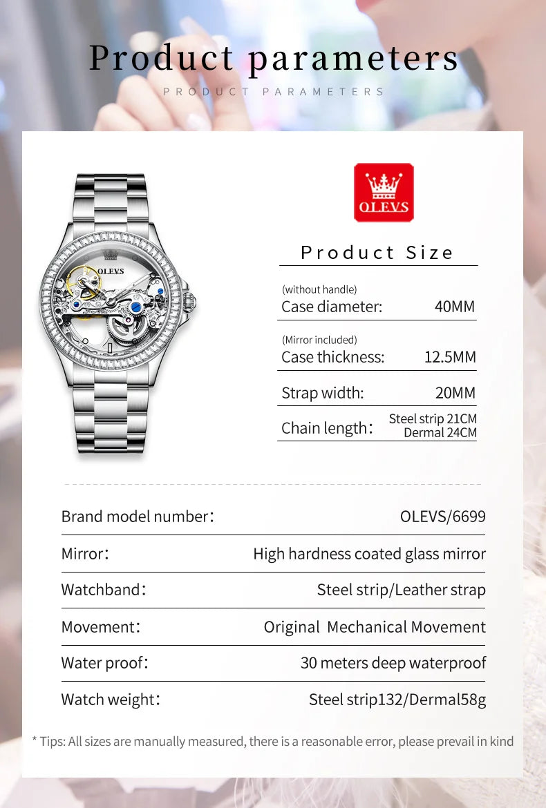 OLEVS 6699 Luxury Original Mechanical Watch For Women Hollow Skeleton Top Brand Wristwatch Waterproof Fashion Woman Watches 2024