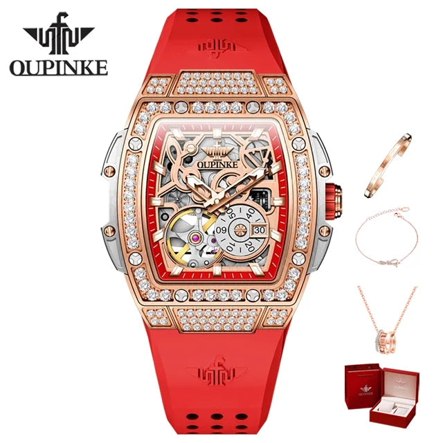 OUPINKE 3220 Diamond Woman Mechanical Watch Hollow Out Chronograph Automatic Watch for Women Luxury Elegant Ladies Wristwatch