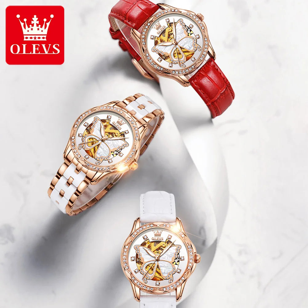 OLEVS 6622 Diamond Luxury Woman Automatic Watch Butterfly Original Mechanical Watch For Women Waterproof Luminous Hand Clock