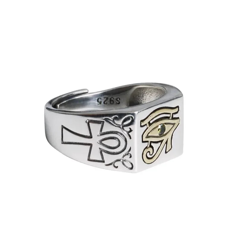 New Silver Color Men's Ring European and American Retro Eye of Horus Egyptian Pharaoh INS Female Trend Jewelry