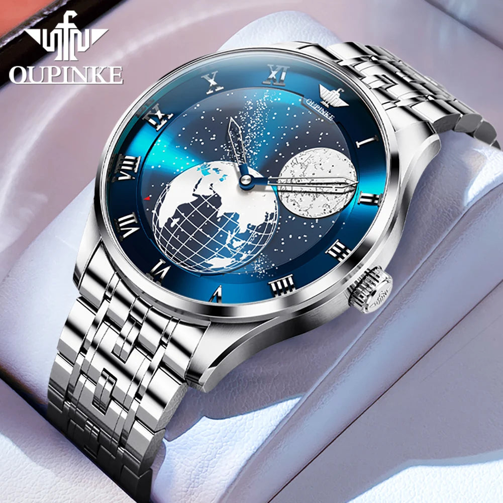 OUPINKE 3230 Men Watch Luxury 3D Earth Starry Sky Moon Phase Rotating Dial Business Waterproof Men Automatic Mechanical Watch