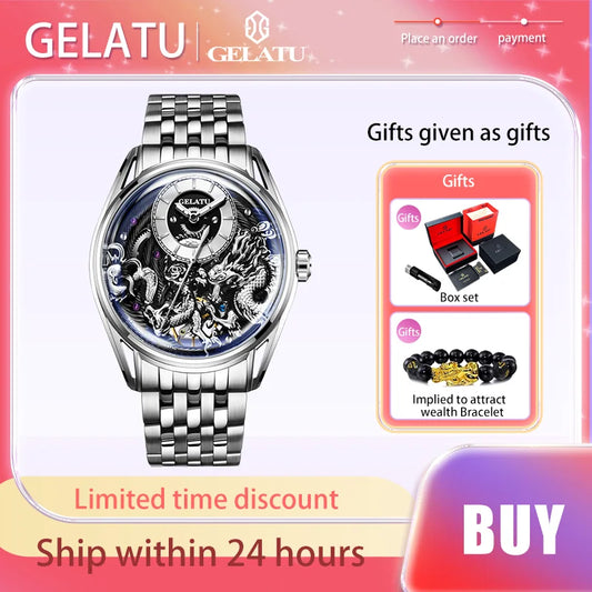 GELATU Luxury Brand Men's Watches Relief Design Automatic Mechanical Watch Stainless Steel Strap Original Male Wristwatch Trend