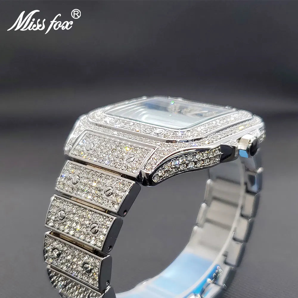 Quartz Watches Luxury Iced Out Diamond Blue Dial Square Watch For Men Women Party Jewelry Waterproof Unisex Clock Lover Gift