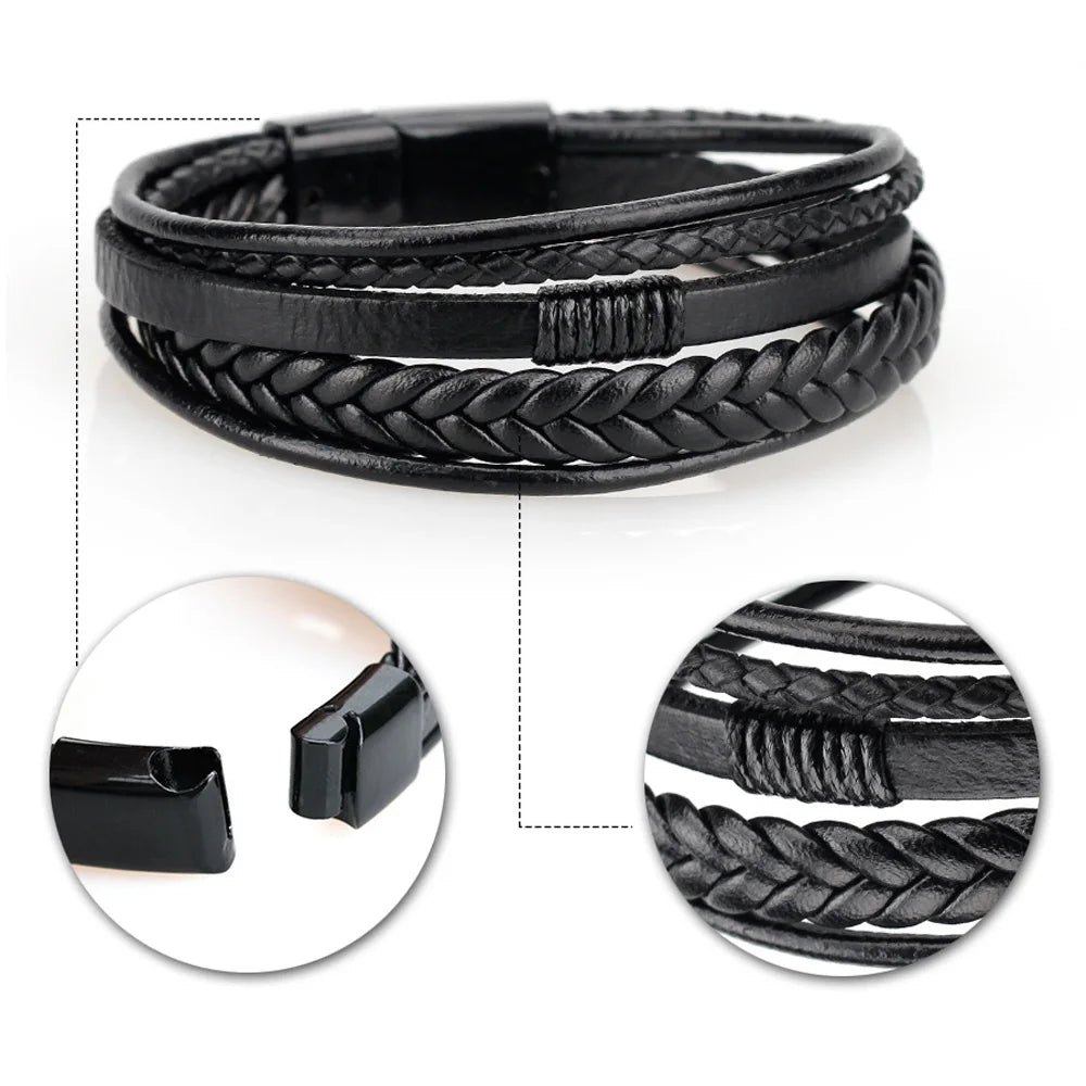 New Mens Magnetic Leather Bracelets Handmade Braided Multilayer Cord Ethnic Jewelry Accessories Male Armband Gifts