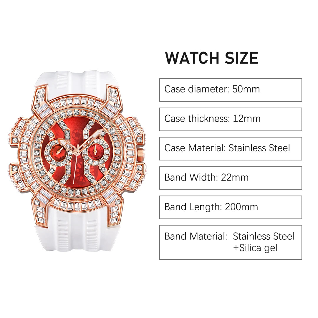 MISSFOX New Red Quartz Watch For Men Luxury Hip Hop Streetwear Clock Waterproof Diamond Watches AAA Quartz Men's Wristwatches