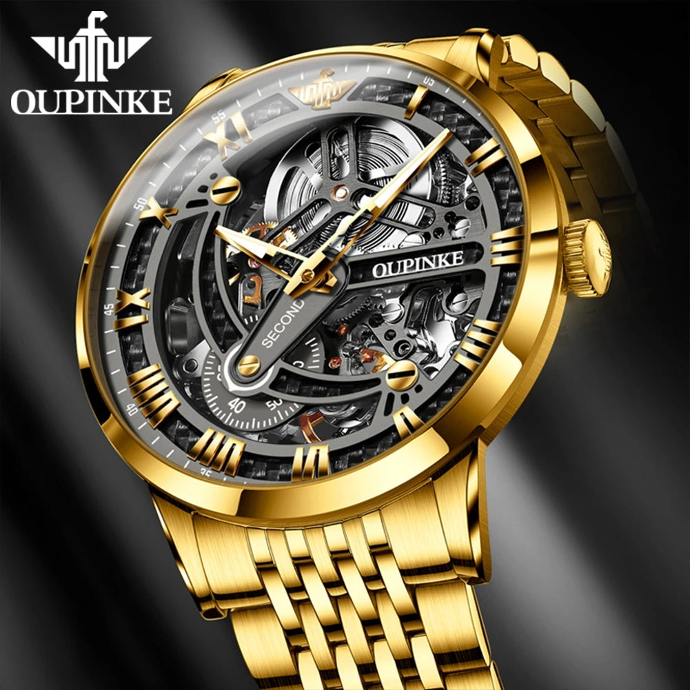 OUPINKE Men Watches Luxury Automatic Mechanical Self Winding Skeleton 5ATM Waterproof Sapphire and Tungsten Steel Wrist Watch