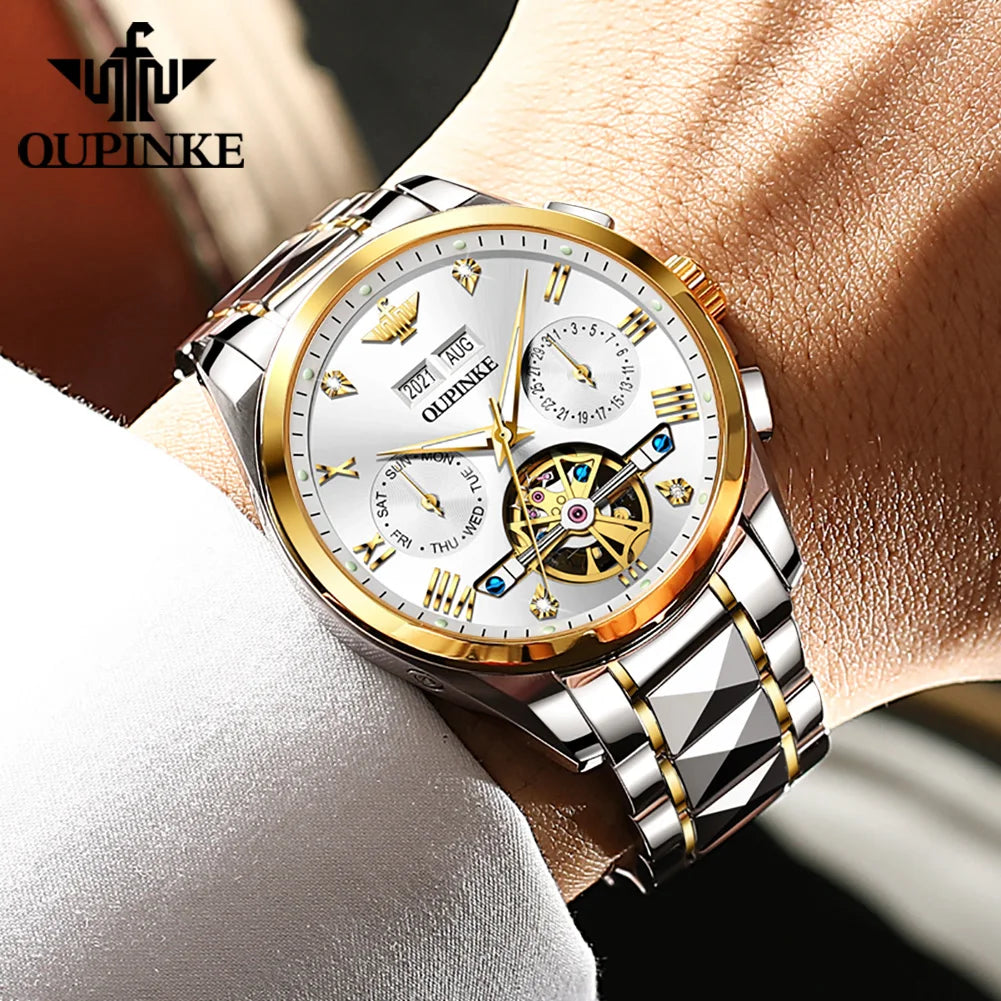 OUPINKE 3186 High Quality Luxury Skeleton Flywheel Automatic Watch for Men 5Bar Waterproof Dual Calendar Brand Men&