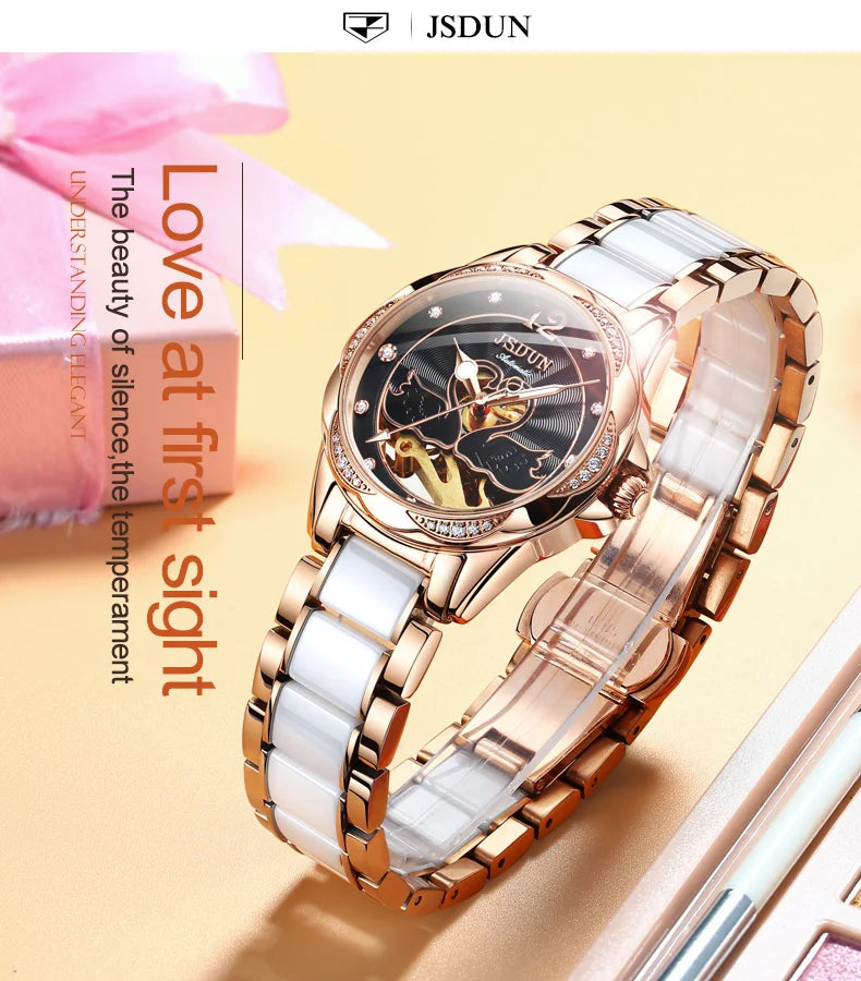 Luxury Mechanical Women Watch Love Swan Design Skeleton Elegant Ceramics Strap Waterproof  Ladies Wristwatch Girls Dress Watch