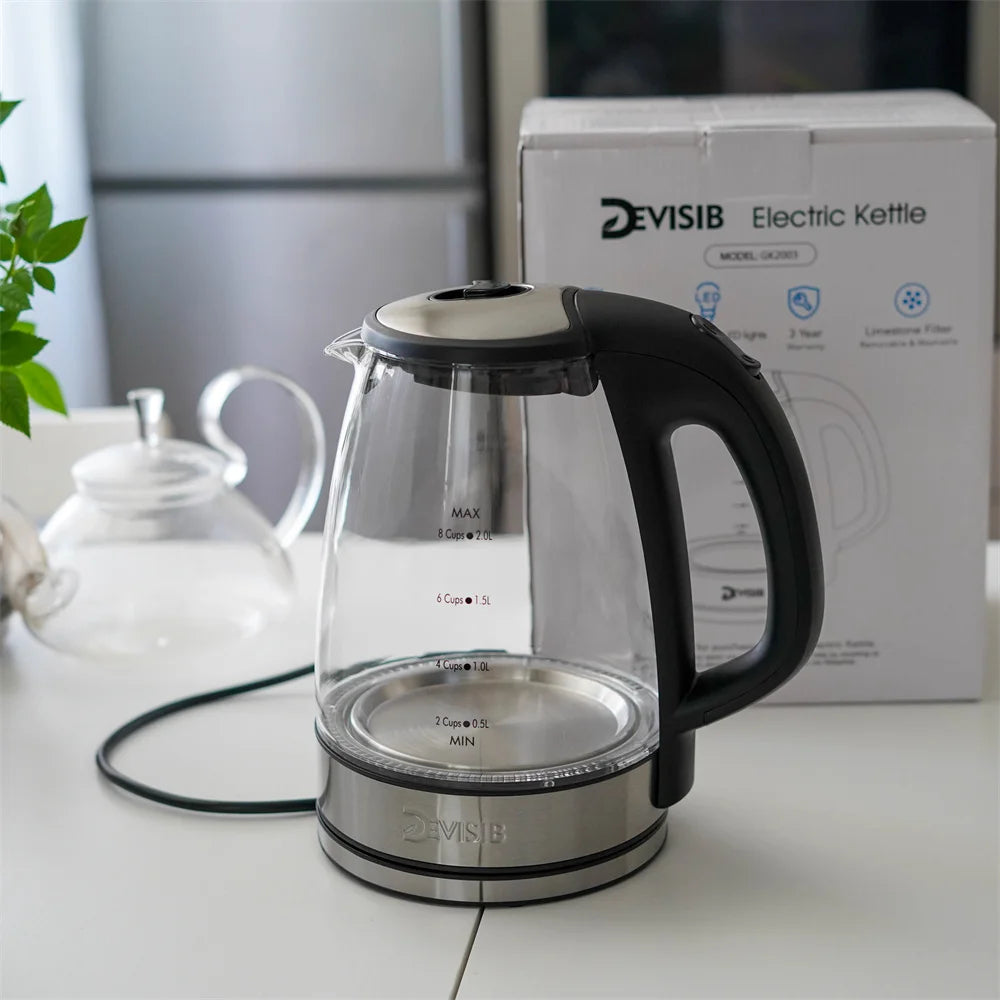 DEVISIB Electric Tea Kettle for Boiling Water Stainless Steel Filter 2L/2200W Hot Water Boiler Wide Opening Automatic Shut Off