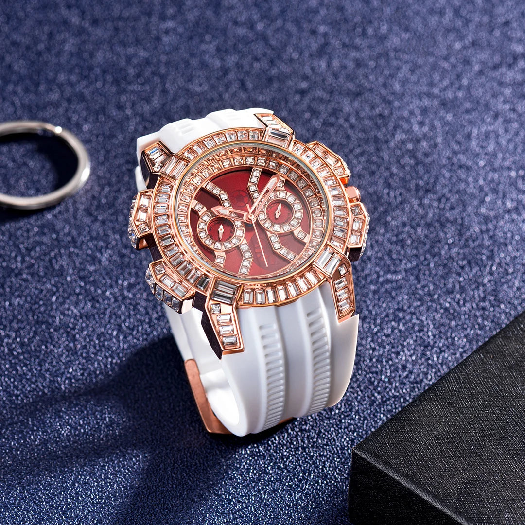 MISSFOX New Red Quartz Watch For Men Luxury Hip Hop Streetwear Clock Waterproof Diamond Watches AAA Quartz Men's Wristwatches