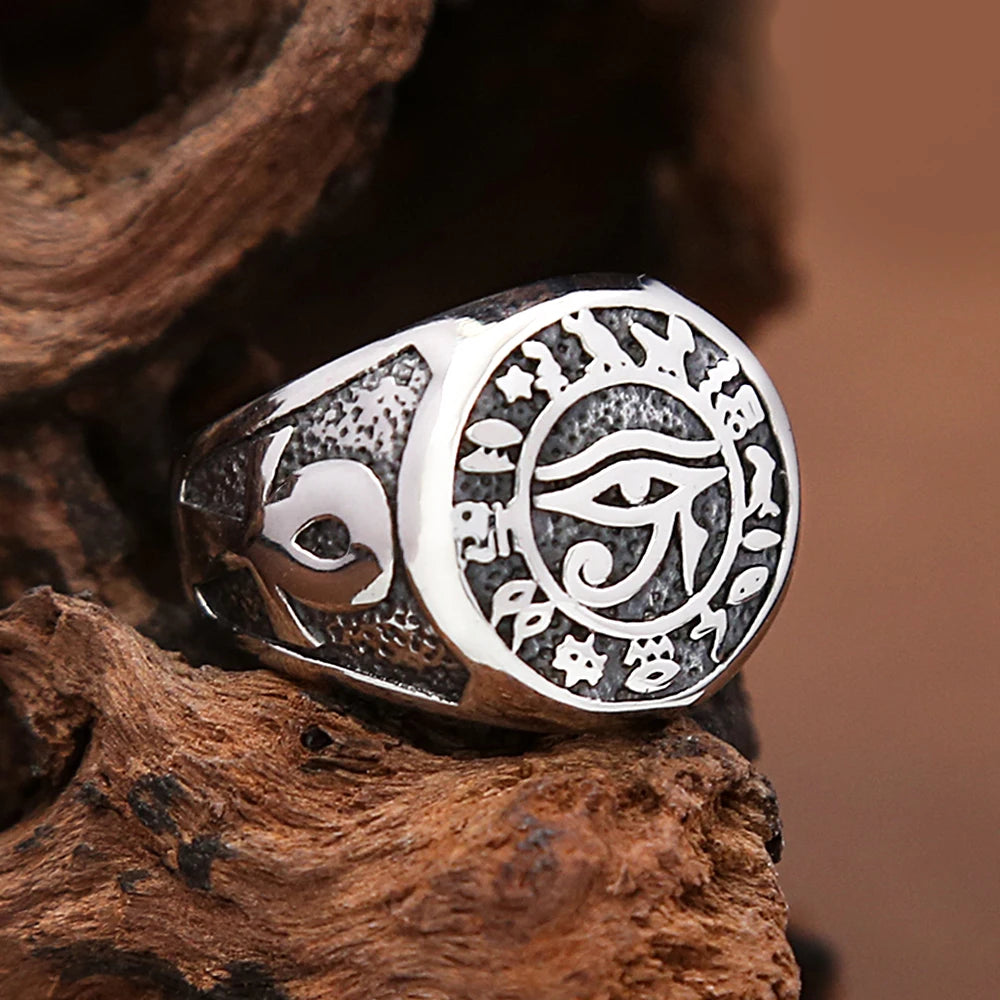 Vintage Unique Egyptian Eye of Horus Rings Punk Stainless Steel Ankh Cross Ring for Men Women Amulet Jewelry Gifts Wholesale