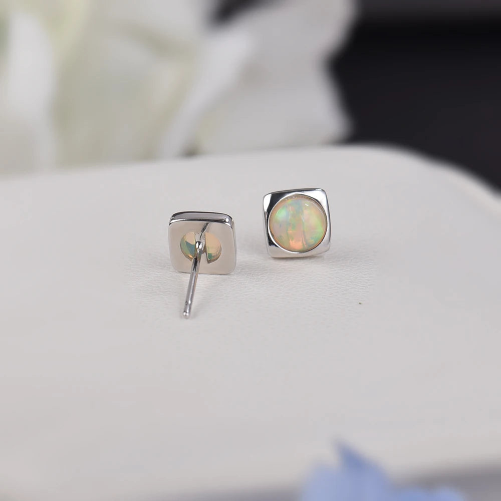 ITSMOS Precious Opal Earrings 925 sterling silver 6mm Round Opal Natural Gemstone Studs Square Piercing Earrings for Women Gift