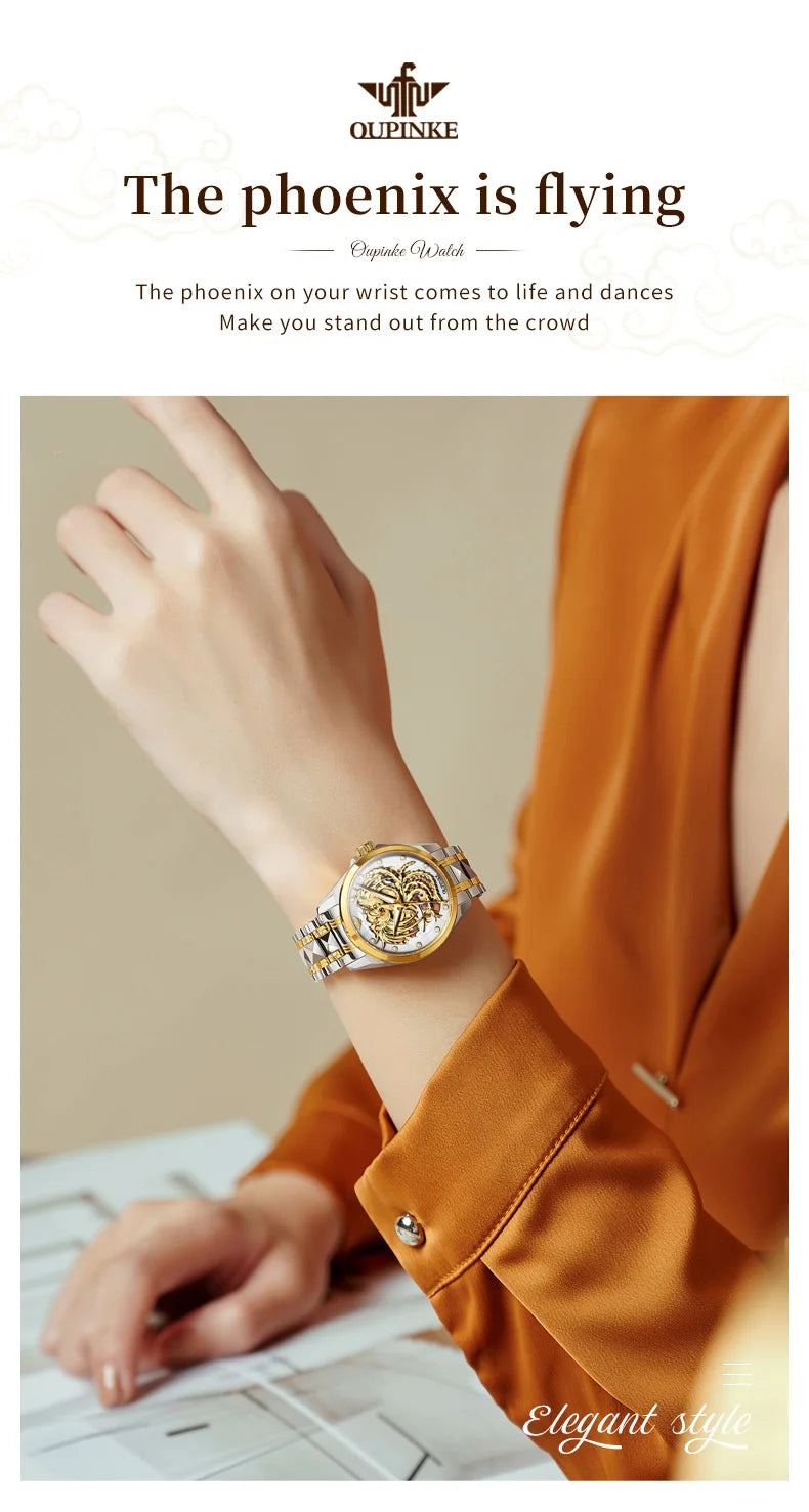 OUPINKE Luxury Carving Phoenix Women Automatic Mechanical Watches New Waterproof Lady Wrist Watch Casual Fashion Watch for Women