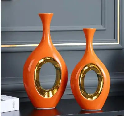 Modern Luxury Orange Phnom Penh Ceramic Vase Creative Living Room Entrance Family Decoration Hollow Flower Vase Home Decoration