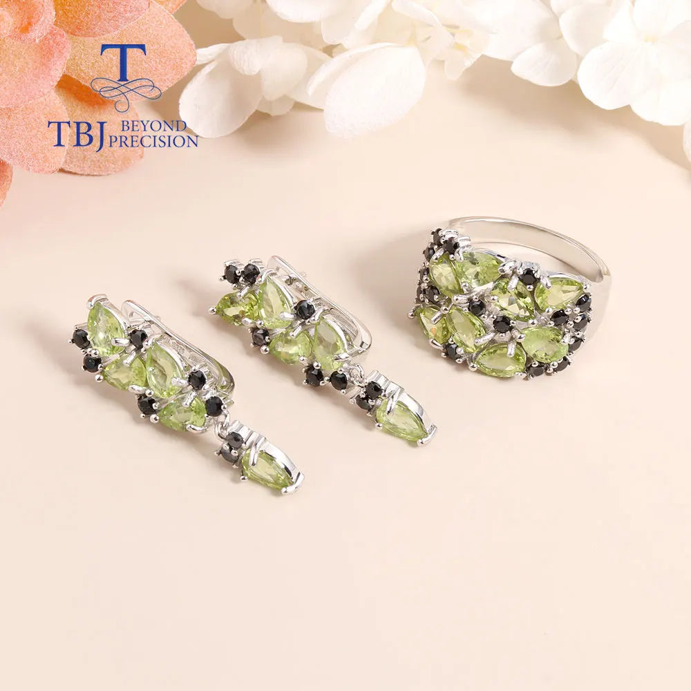 Fashion Peridot Jewelry set natural Gemstone Earring Ring 925 steling siver fine jewelry for women nice gift