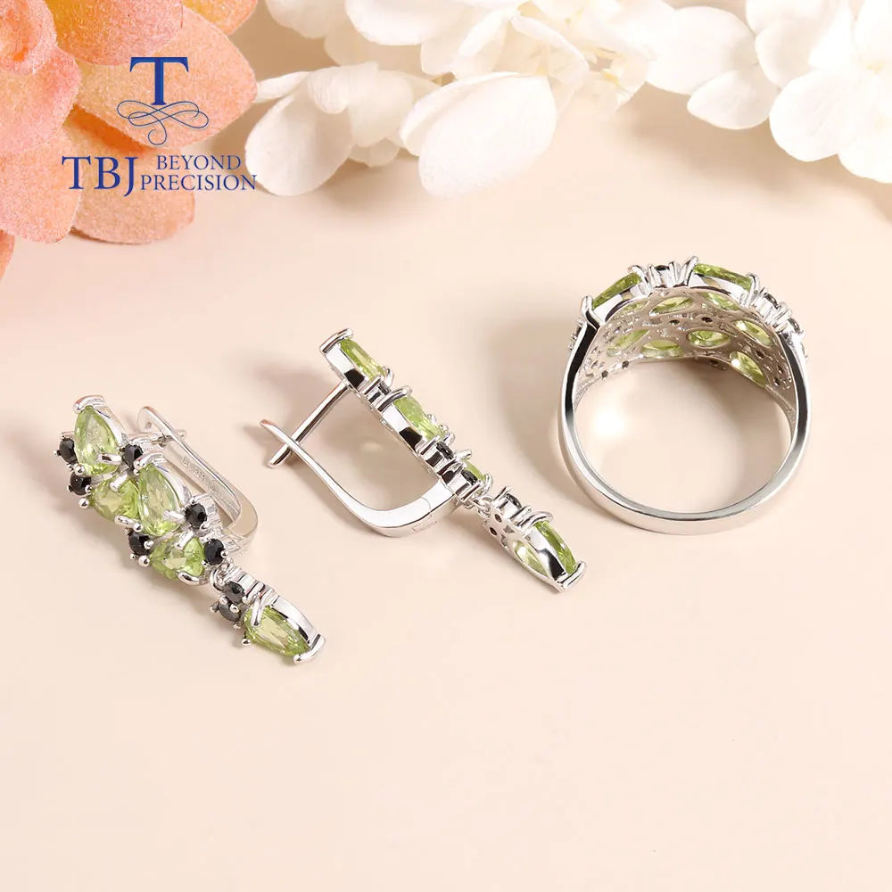 Fashion Peridot Jewelry set natural Gemstone Earring Ring 925 steling siver fine jewelry for women nice gift