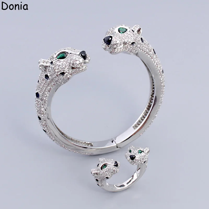 Donia jewelry Europe and America double head green eye leopard titanium steel inlaid AAA zircon bracelet ring luxury jewelry set