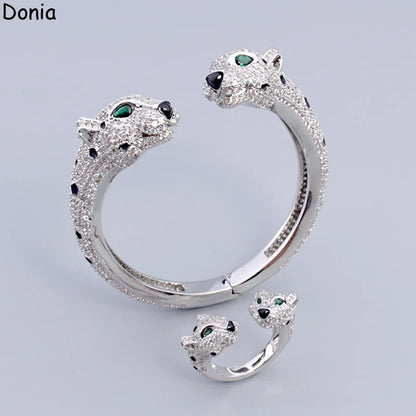 Donia jewelry Europe and America double head green eye leopard titanium steel inlaid AAA zircon bracelet ring luxury jewelry set