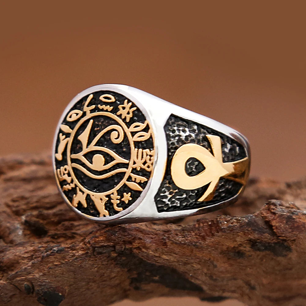 Vintage Unique Egyptian Eye of Horus Rings Punk Stainless Steel Ankh Cross Ring for Men Women Amulet Jewelry Gifts Wholesale