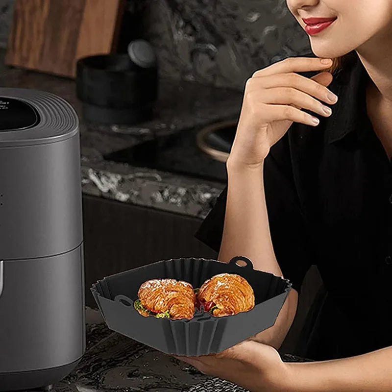 Silicone air fryer tray, Air fryer pot with handle, Reusable silicone tray, Eco-friendly air fryer accessory, Non-stick air fryer tray, Food-grade silicone pot, Easy-clean air fryer basket, Kitchen silicone gadget, Air fryer replacement tray, Heat-resistant air fryer pot, Dishwasher safe air fryer accessory, Silicone cooking tray, Air fryer bakeware, Silicone food container, Cooking tool for air fryer,