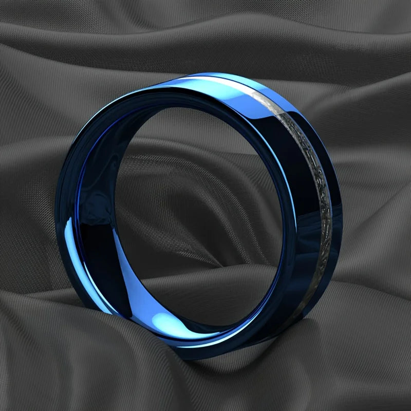 Introducing the Fashion Blue Stainless Steel Ring for Men with Vintage Silver Color Meteorites Inlaid: