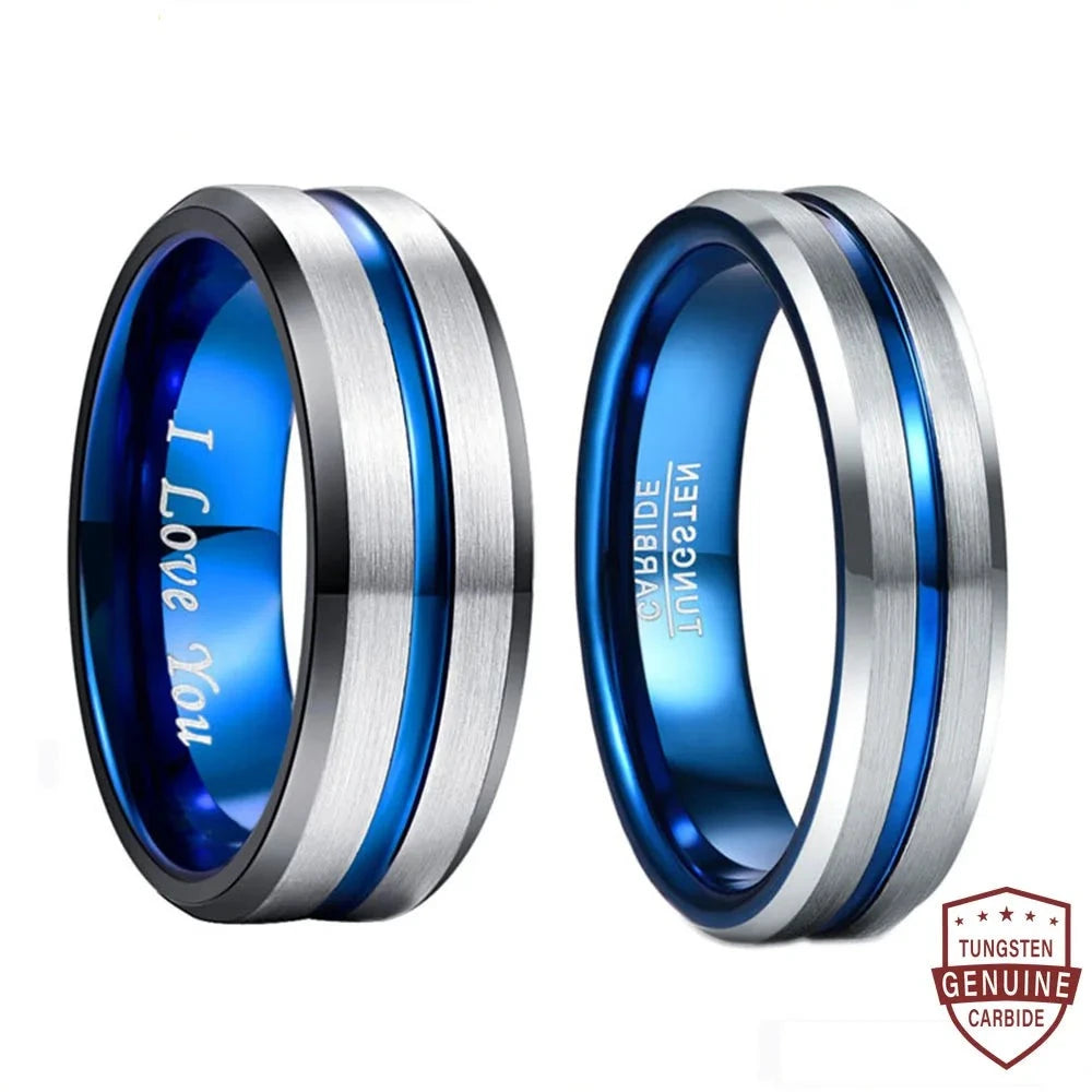 Tungsten Carbide Ring Blue &amp; Black Matte Finish Beveled Edge Engagement Rings Size 6 to 14