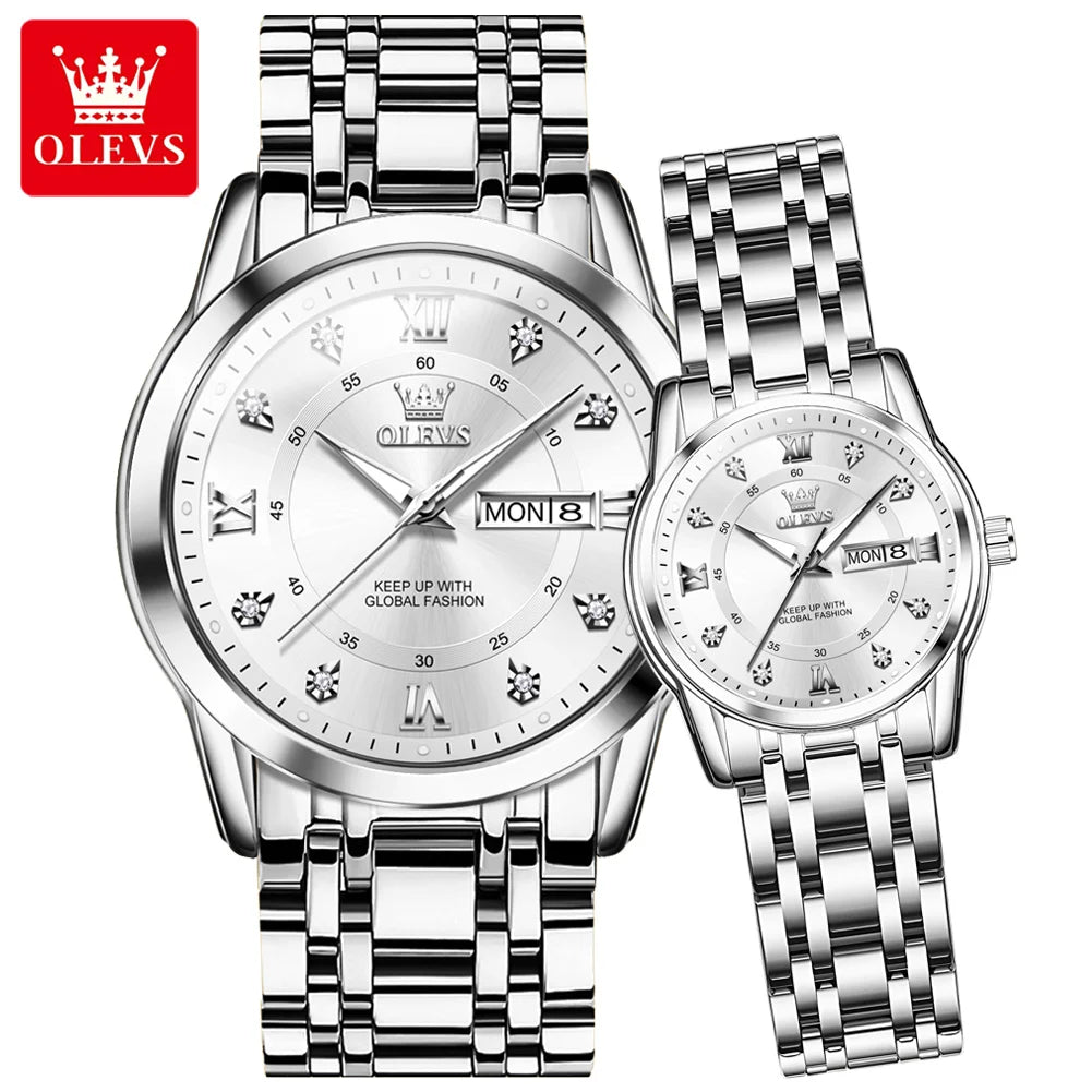 OLEVS 5513 Couple Watch Set Men and Women Silver Stainless Steel Waterproof Lovers Quartz Wristwatch Luxury Brand Original Clock