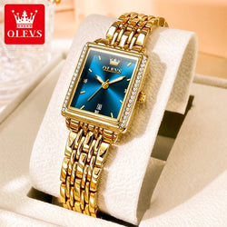 OLEVS Brand Fashion Blue Rectangle Dial Quartz Watch Women Luxury Gold Stainless Steel Strap Womens Watches Relogio Feminino