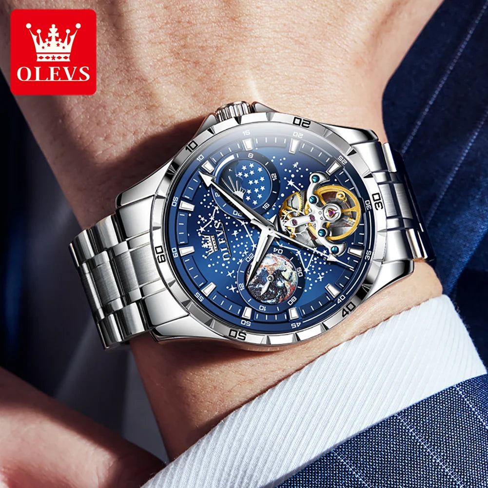 OLEVS Original Brand Men's Watches Waterproof Multifunctional Luminous Fully Automatic Mechanical Watch Moon Phase Starry Disk