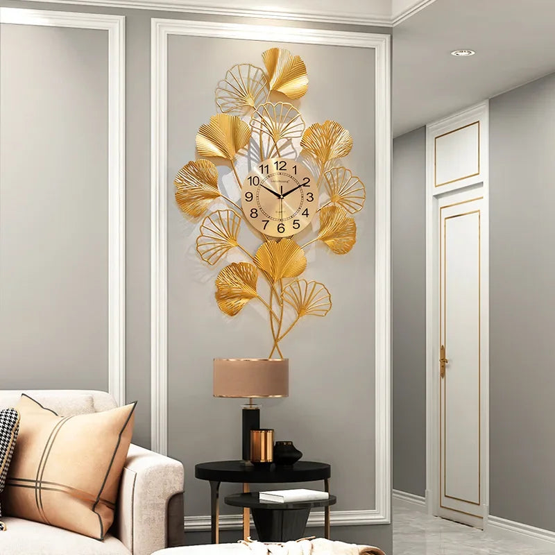 Large Wall Clock Living Room Decoration Ginkgo Wall Clocks Modern Design Metal Digital Silent Watches Gold Reloj De Pared Hierro