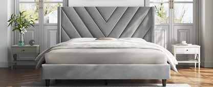 Queen Bed Frame Upholstered Platform Bed with Wing Side/Wooden Slat Support/Tufted Headboard