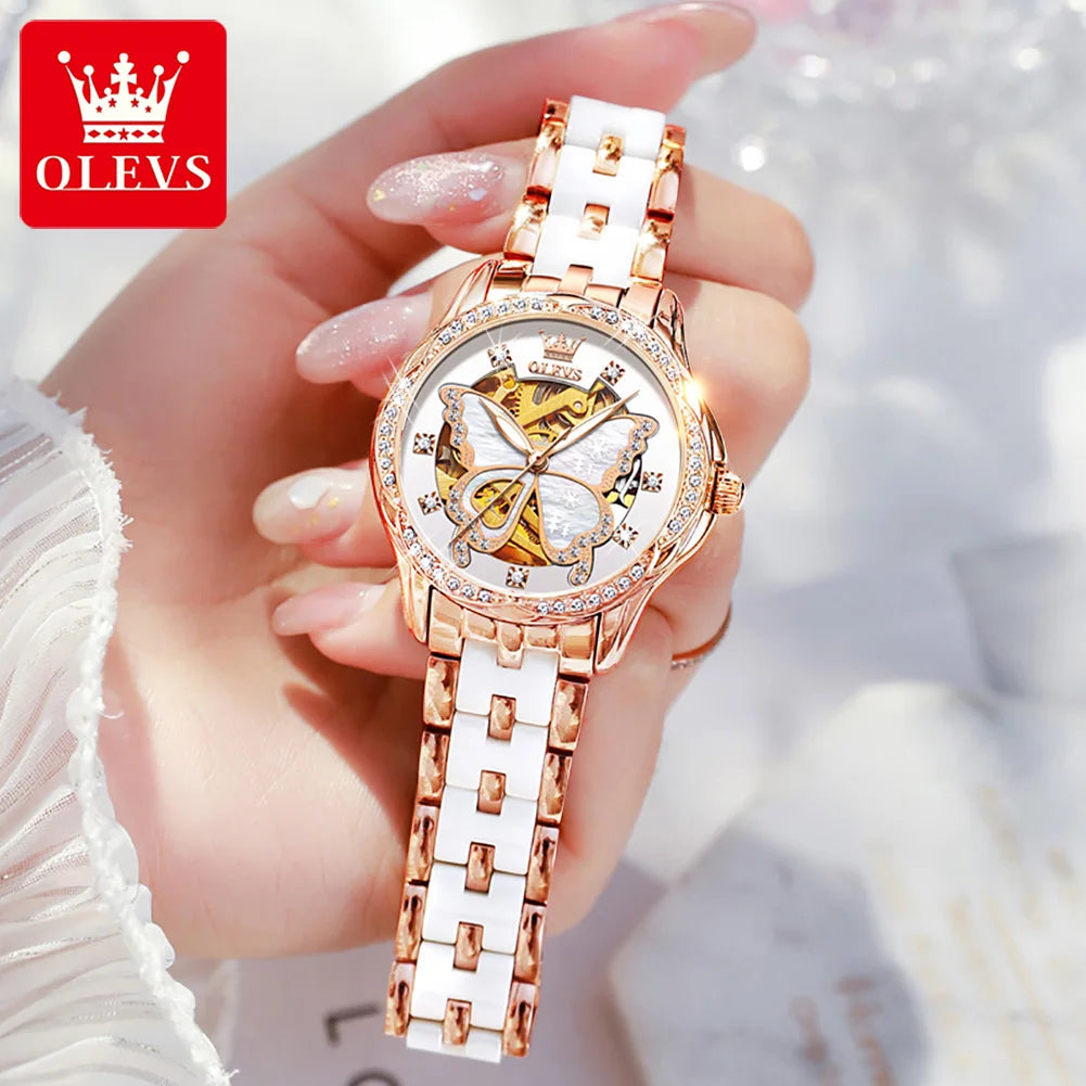 OLEVS 6622 Diamond Luxury Woman Automatic Watch Butterfly Original Mechanical Watch For Women Waterproof Luminous Hand Clock