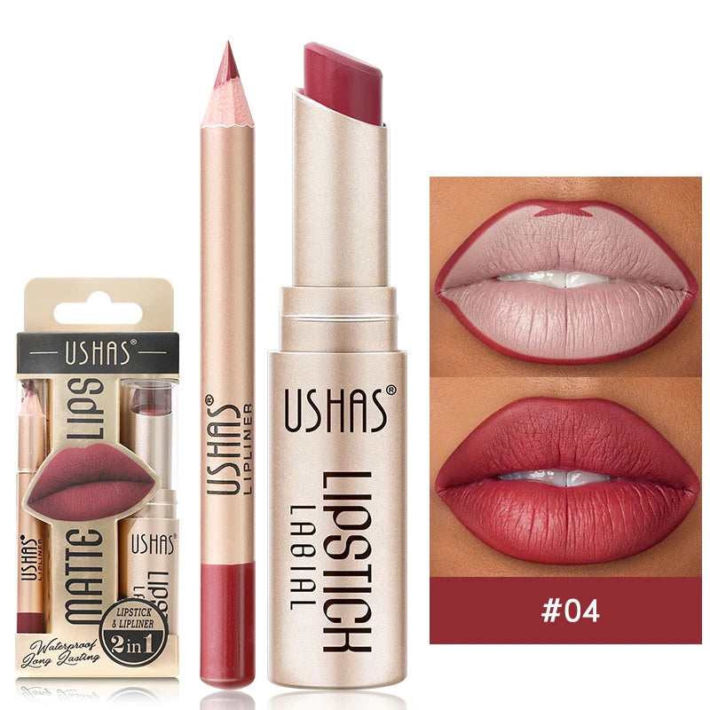 2 In 1 Lipstick Set Makeup Matte Lipstick & Lip Liner Pencil Waterproof Lasting Cosmetics Nude Brown Contour Tinted Lip Balm Kit