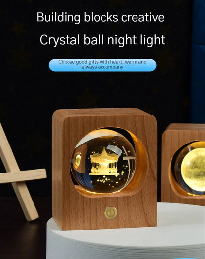 Wooden Case Luminous Crystal Ball Night Light 8cm/6cm 3D Galaxy Solar System LED Nightlights Dimmable Lamp for Decoration Gifts