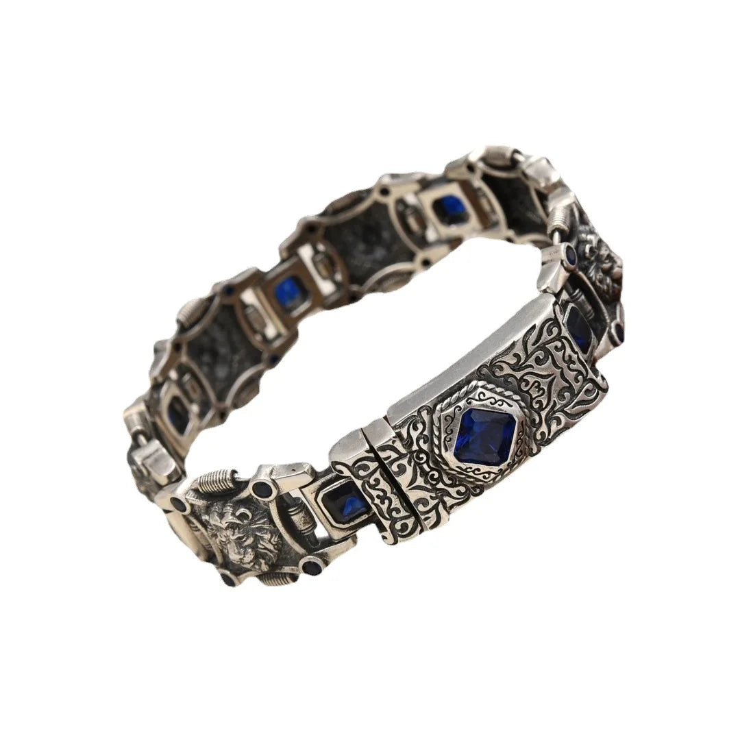 BOCAI New18MM S925 Sterling Silver Domineering Personalized Arabic Style Blue Diamond Lion Bracelet Men&